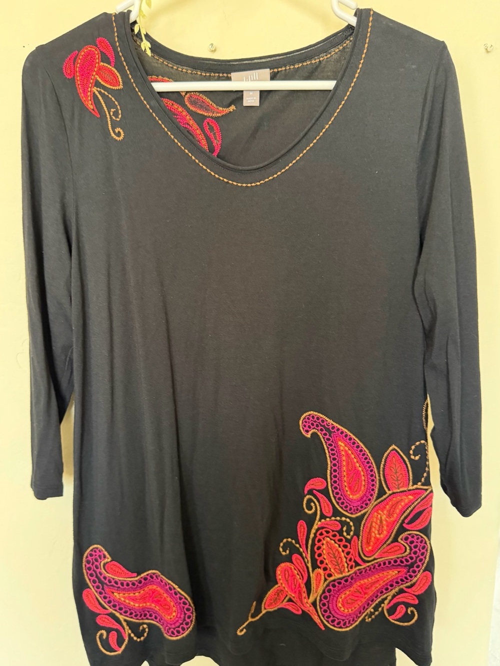 J. Jill Black Long-Sleeve Tunic with Pink & Red Paisley Embroidery